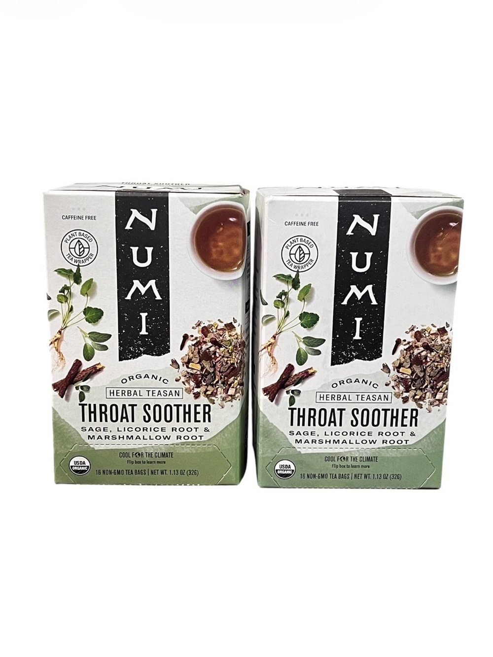 NUMI Throat Soother Organic Herbal Tea - White & Green herbal tea 16 tea bags ea